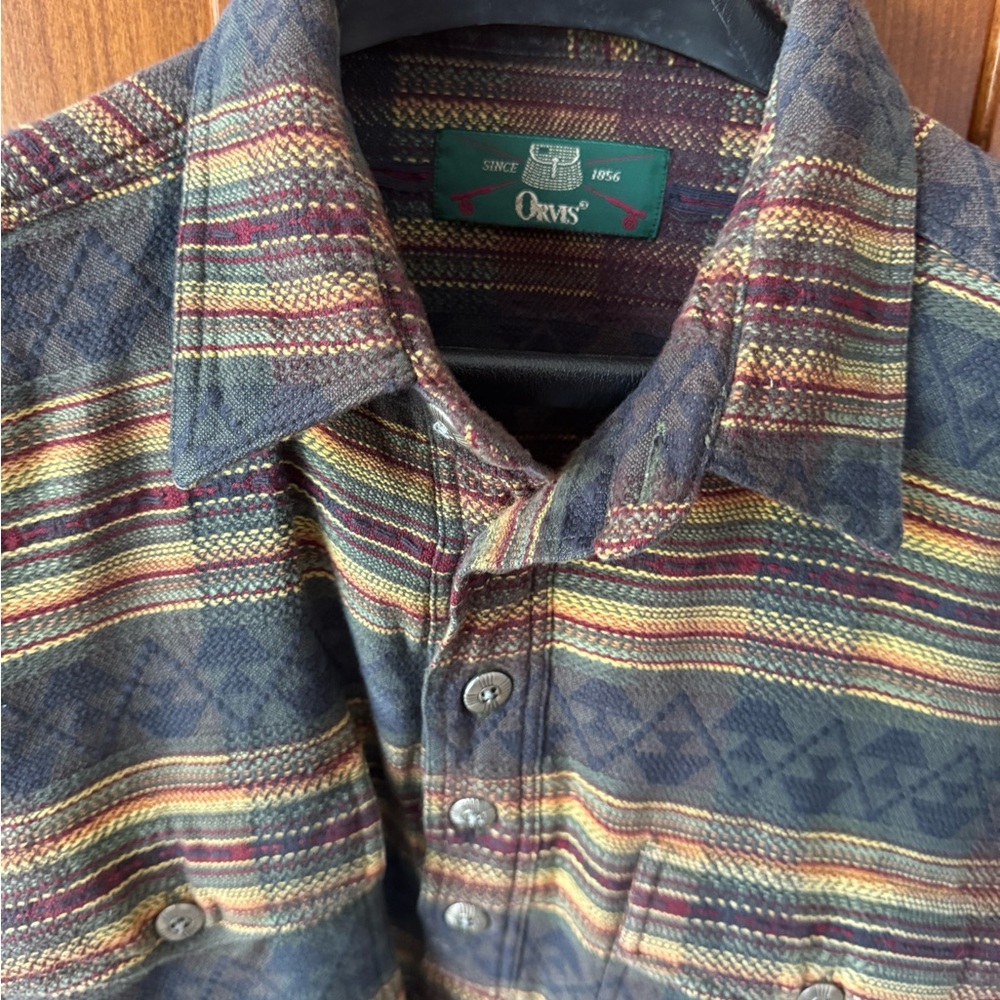 Cyber Week Sale-Orvis 100% cotton Green, burgundy, gold Striped Blanket Shirt.